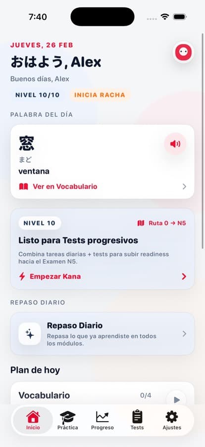 Pantalla de inicio y plan diario de DarumaGo